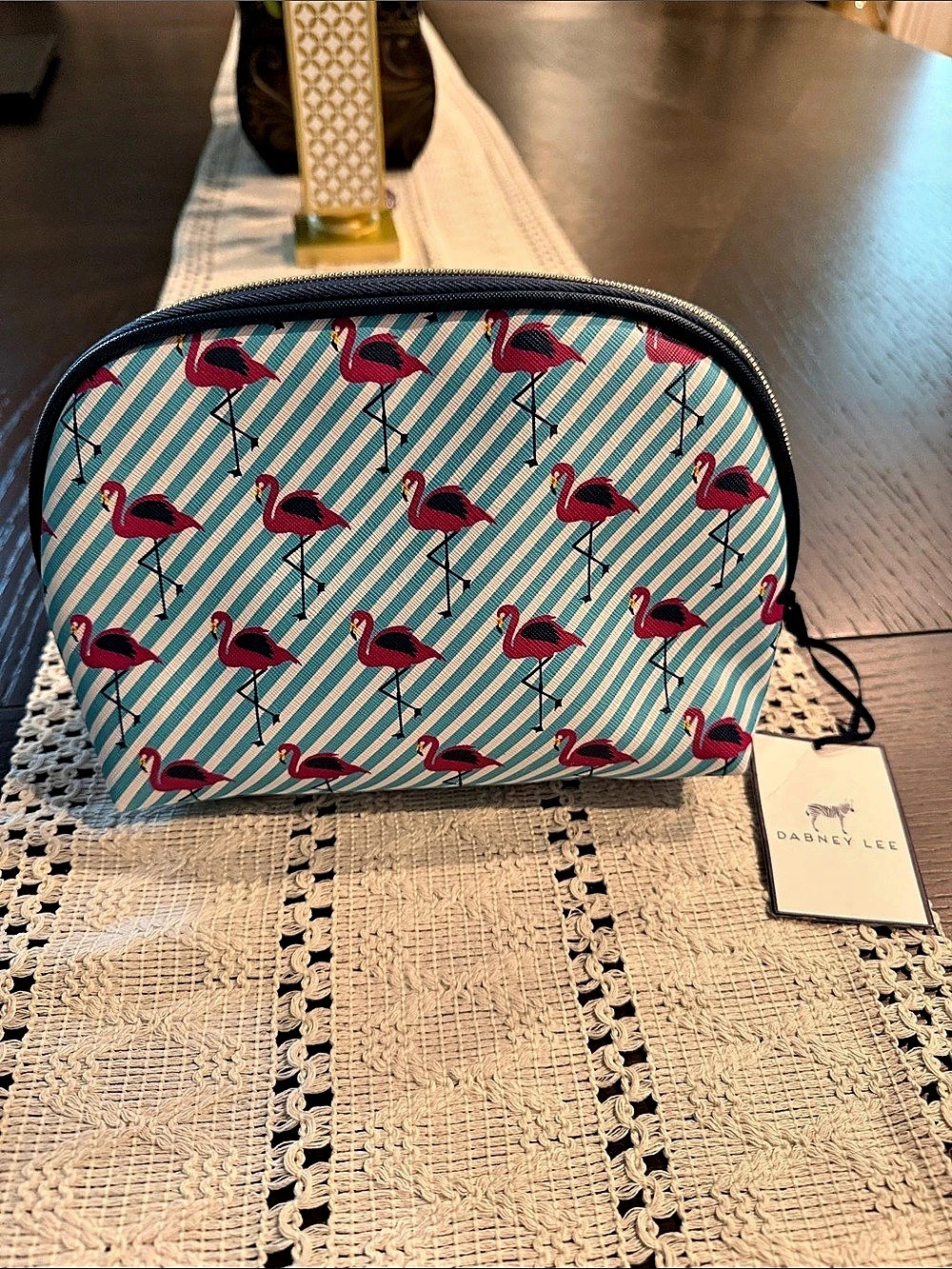 DANNY & LEE Flamingo Cosmetic Pouch in Blue & Pink NWT